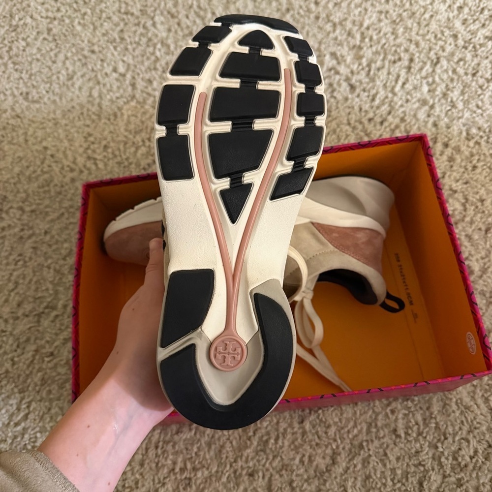 Tory Burch Pink Suede & Beige Suede Platform Sneakers with Black Logo - Picture 6 of 6